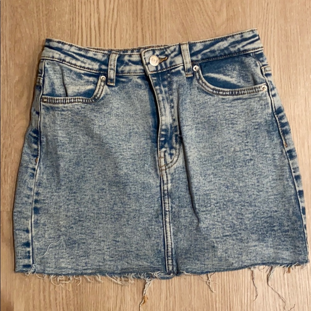 High rise acid wash denim skirt